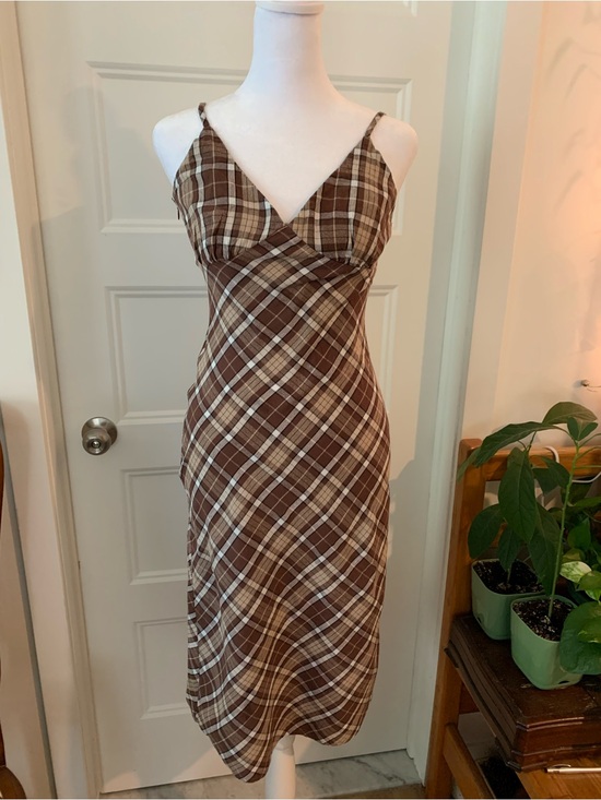 Dresses & Skirts - Women's light cotton Brown Plaid Slip Dress with Spaghetti Straps